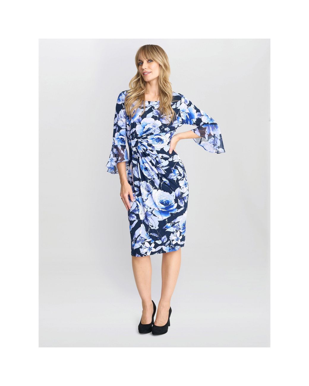Gina Bacconi Blue Brie Floral Print Faux Wrap Dress