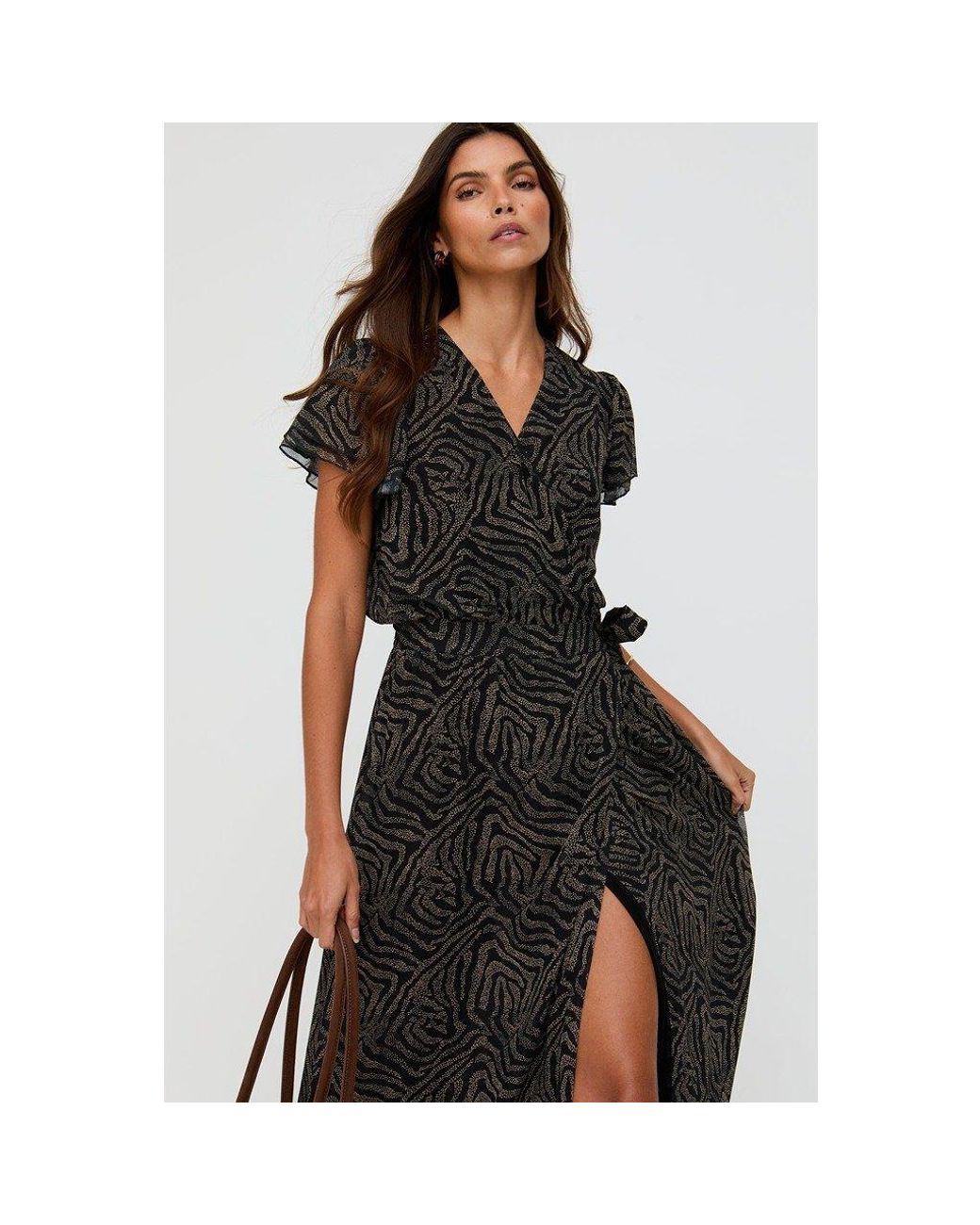 Lily and Lionel Black Devina Ruffle Detail Zebra Print Maxi Dress