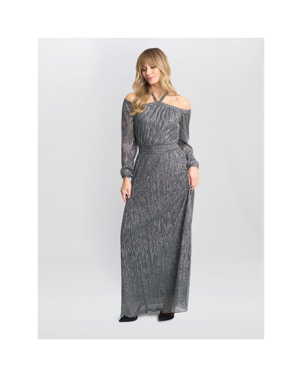 Gina Bacconi Gray Sylvia Metallic Off The Shoulder Dress