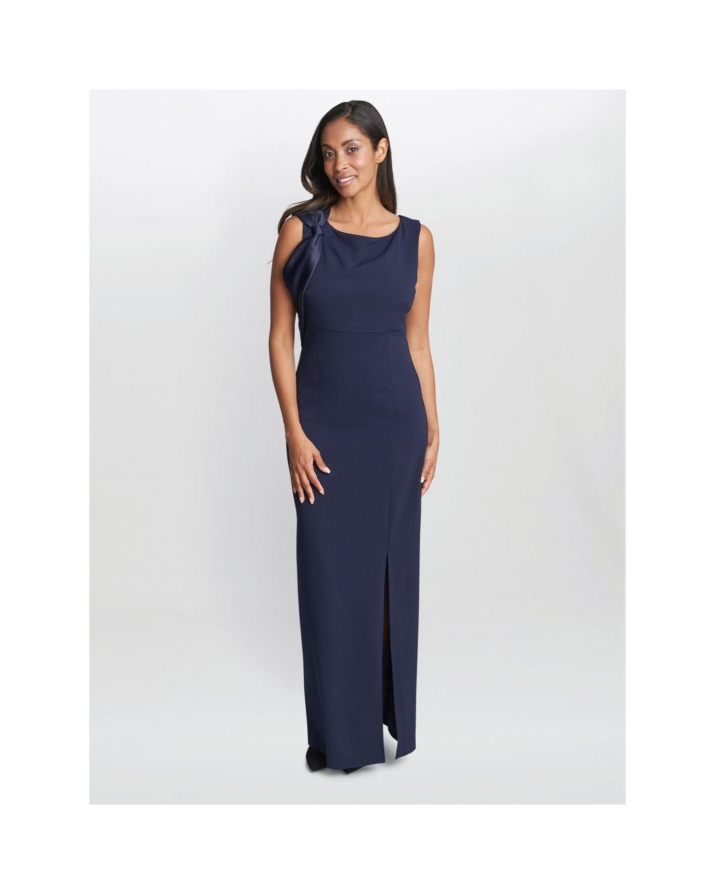 Gina Bacconi Blue Merle Bow Shoulder Maxi Jersey Dress