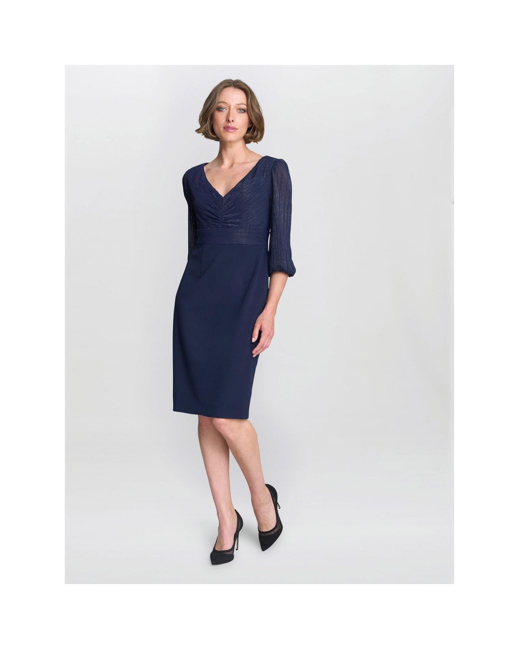 Gina Bacconi Blue Britney Metallic Pleated Bodic Dress