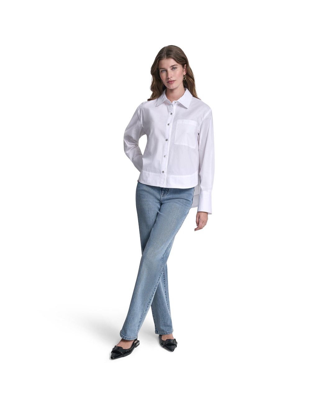 DKNY Purple Jeans Poplin Shirt W/ Rhinestone Buttons & Stepped Hem