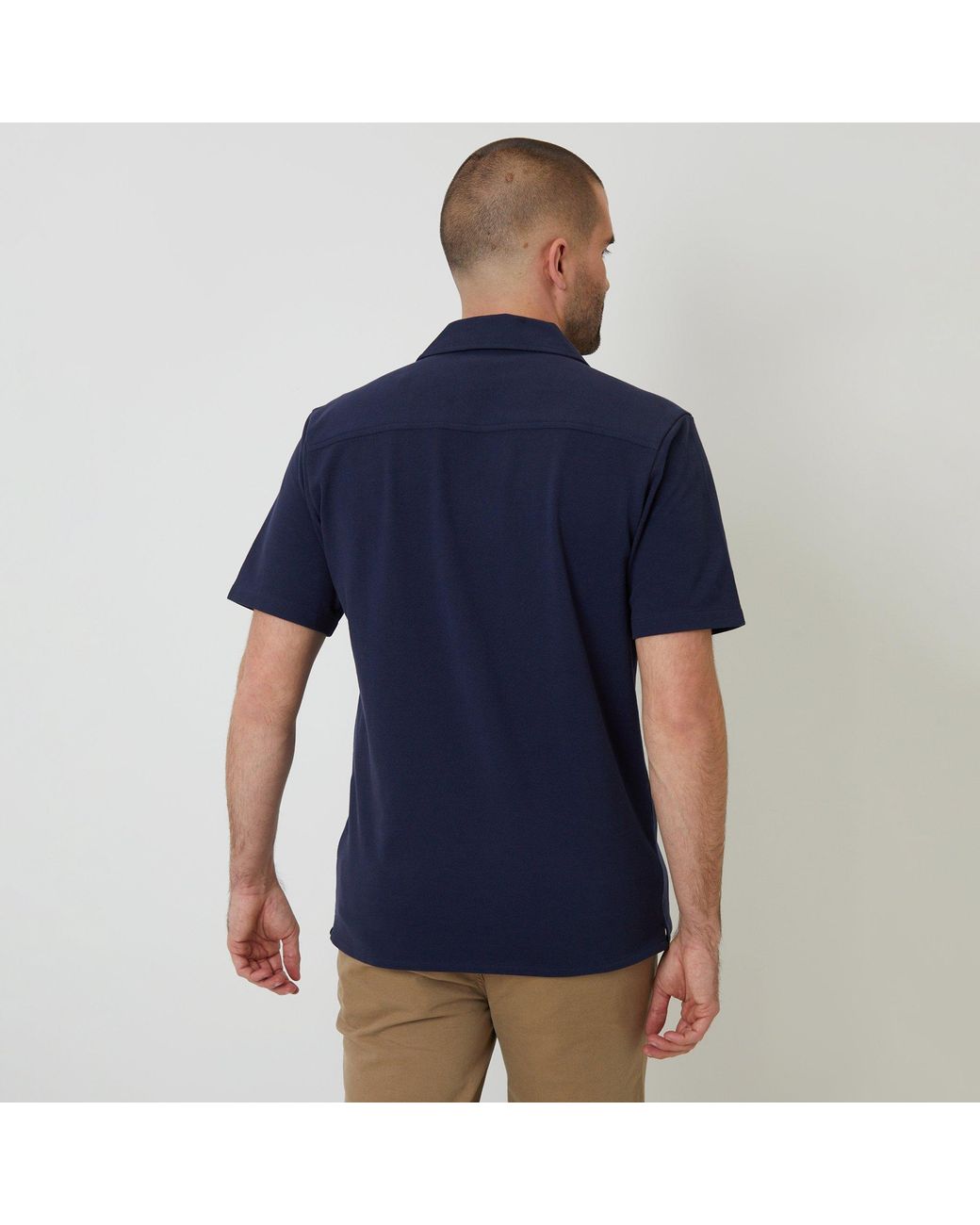 Threadbare Blue Cotton Pique Revere Collar Short Sleeve Shirt for men