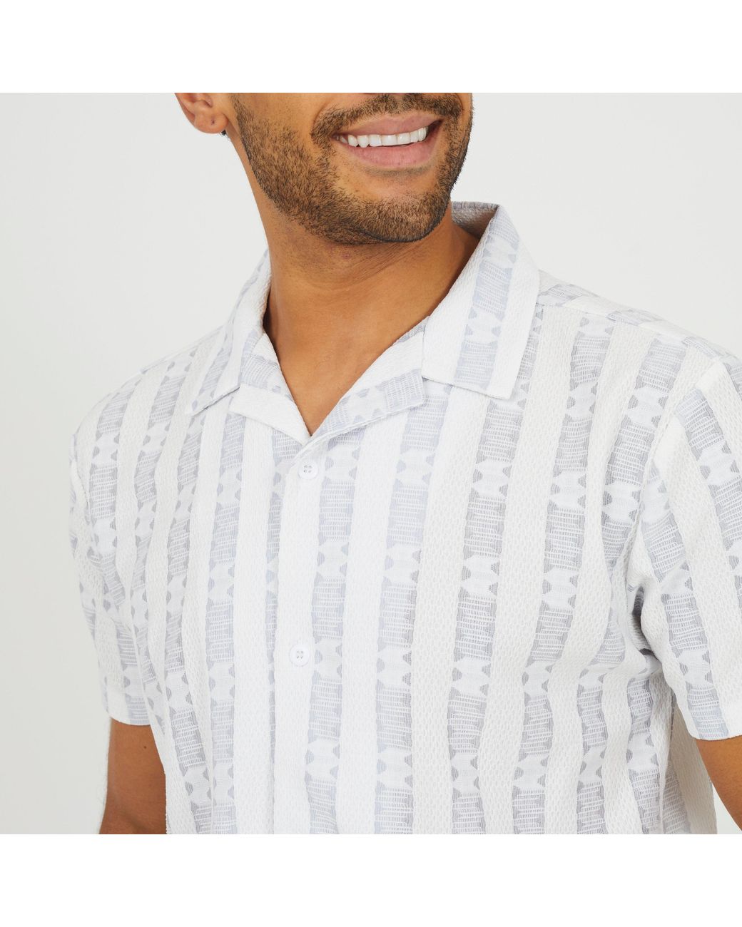 Brave Soul White Bs Open Collar Short Sleeve Shirt With Stripe Pattern for men