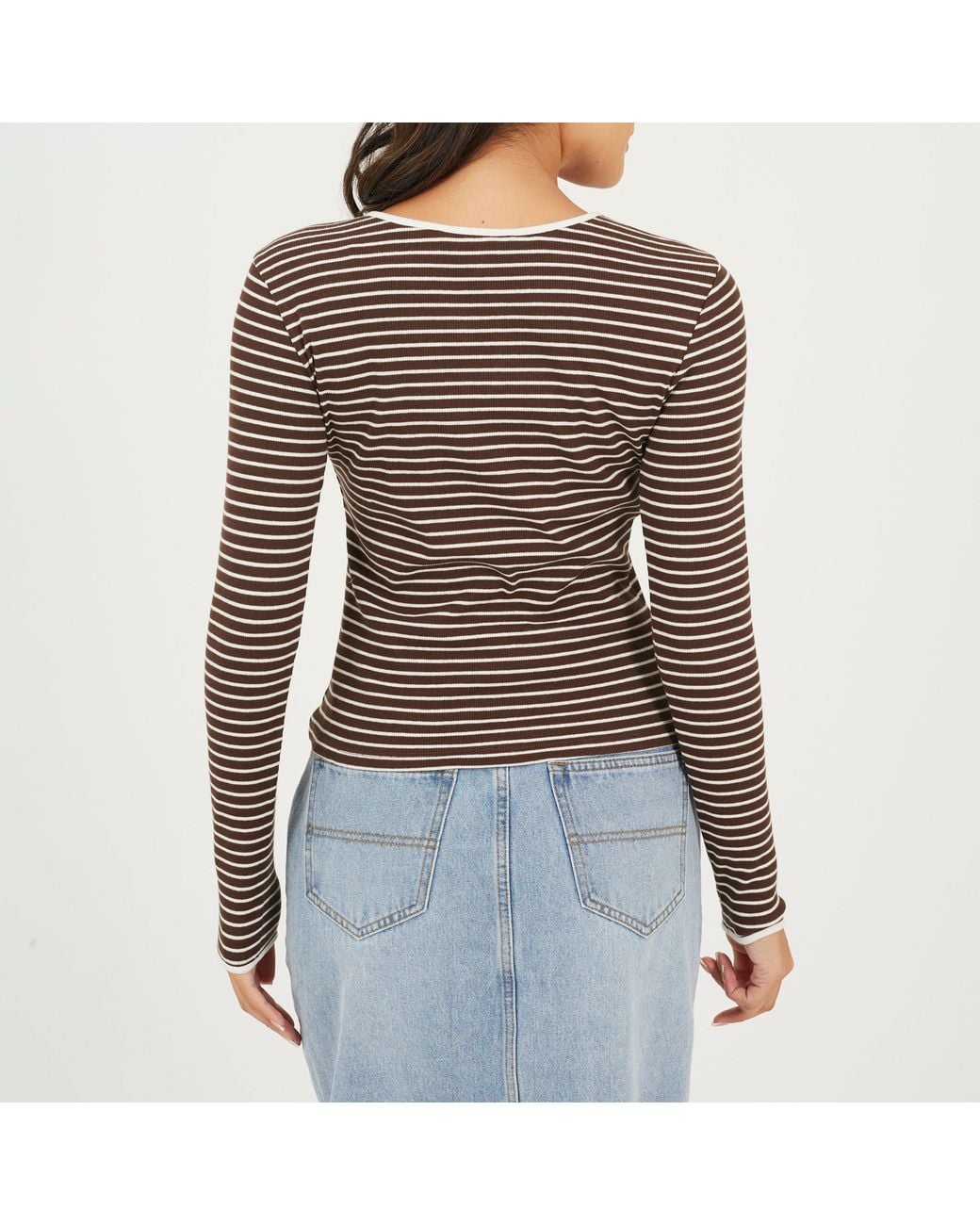 Brave Soul Gray Ladies Ribbed Long Sleeve Striped Top