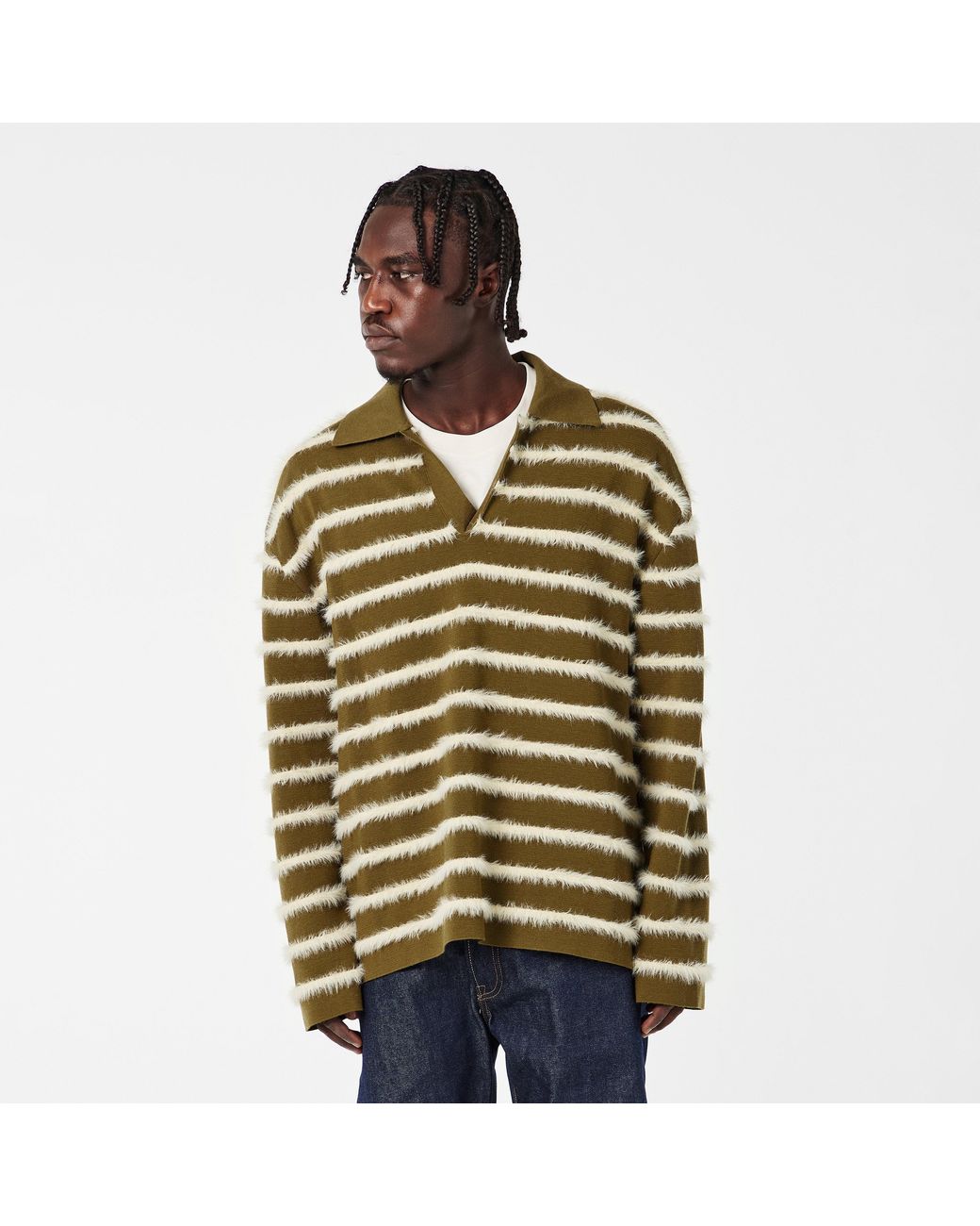 AMI Green Fluffy Knitted Long Sleeve Polo Shirt for men