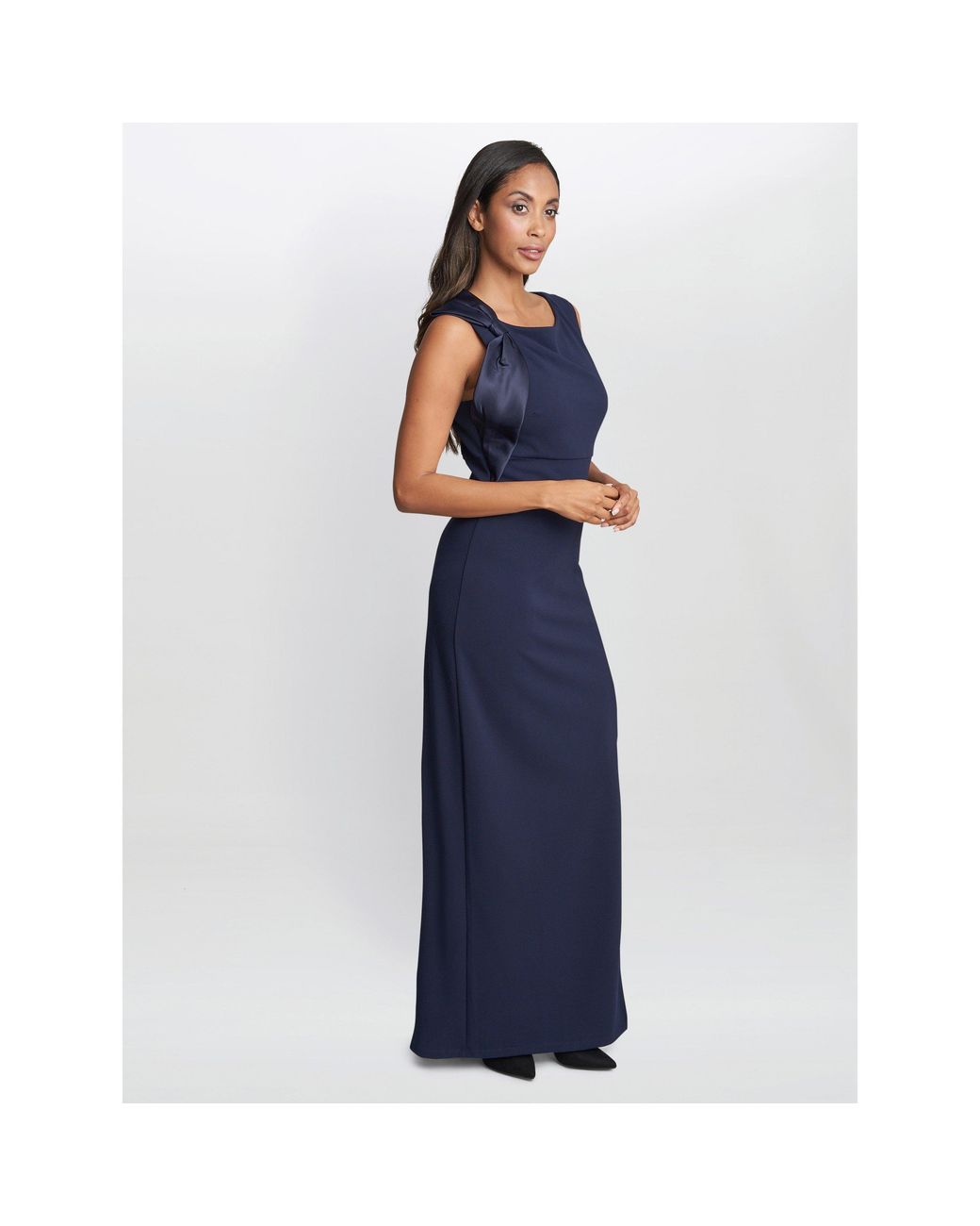 Gina Bacconi Blue Merle Bow Shoulder Maxi Jersey Dress