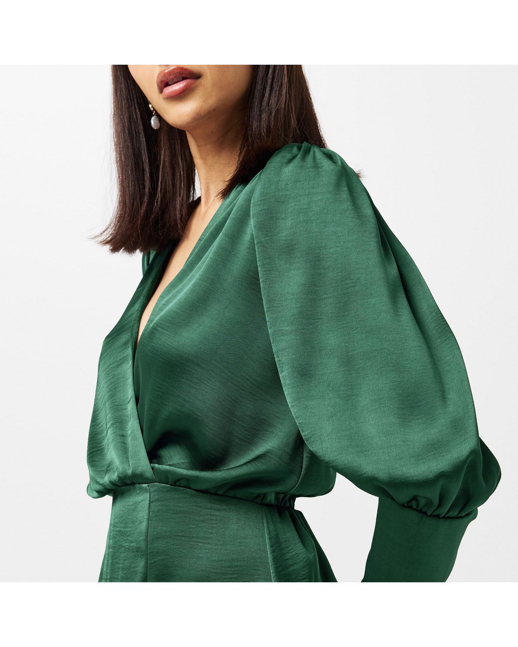 AX Paris Green Satin Wrap Top Long Sleeve Midi Dress