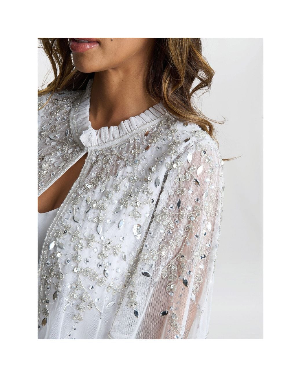 Gina Bacconi White Monica Beaded Jacket With Frill Neck