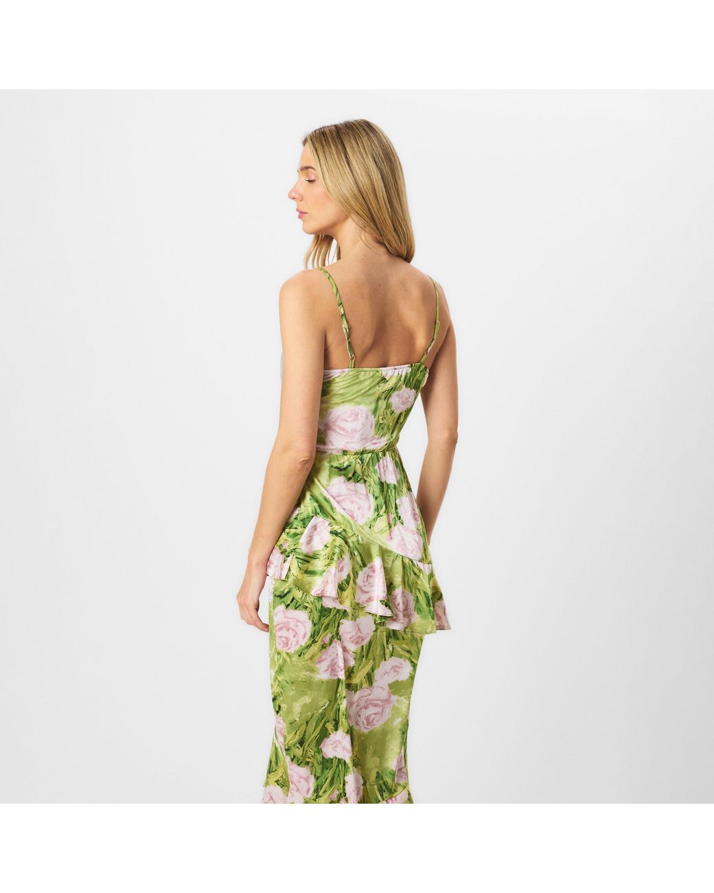 AX Paris Green Floral Satin Ruffle Midi Dress