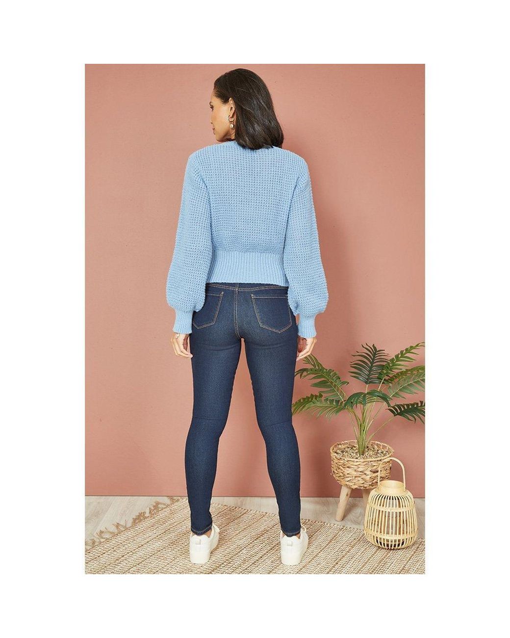 Yumi' Blue Balloon Sleeve Cable Knit Jumper