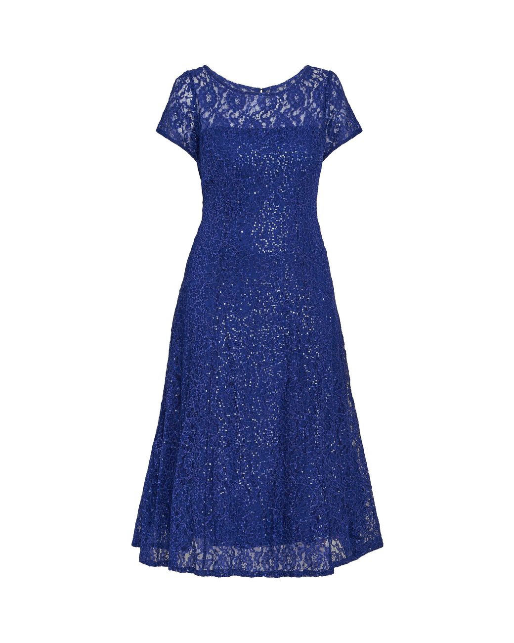 Gina Bacconi Blue Demi Cap Sleeve Midi Sequin Lace Dress