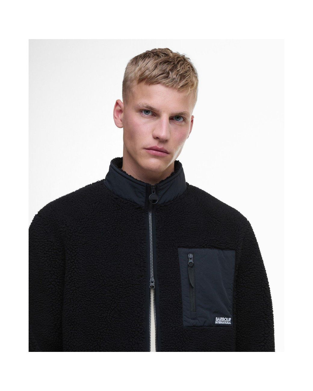 Barbour Black Adams Oversized Funnel Neck Long Sleeve Teddy Coat for men