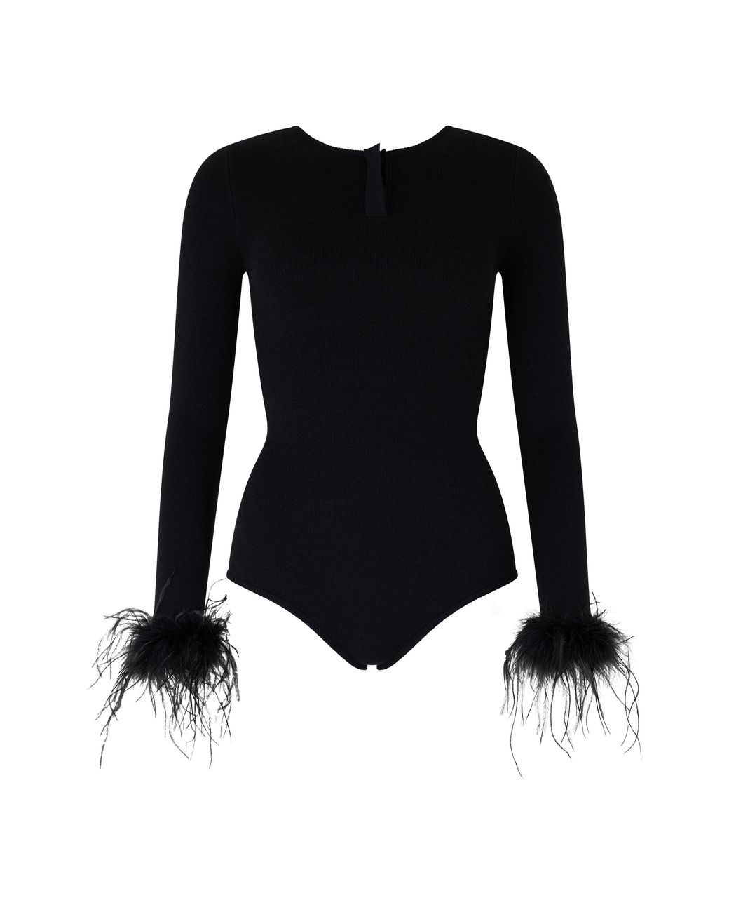 Never Fully Dressed Black Feather Viscose Long-Sleeve Bodysuit