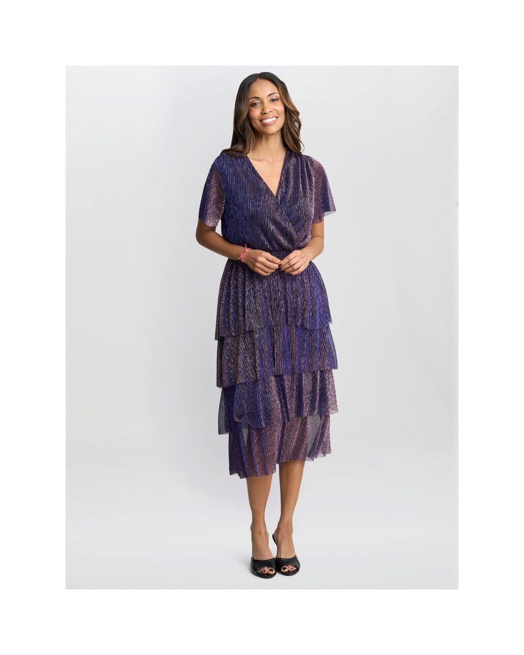 Gina Bacconi Blue Cheri Metallic Knit Tiered Dress