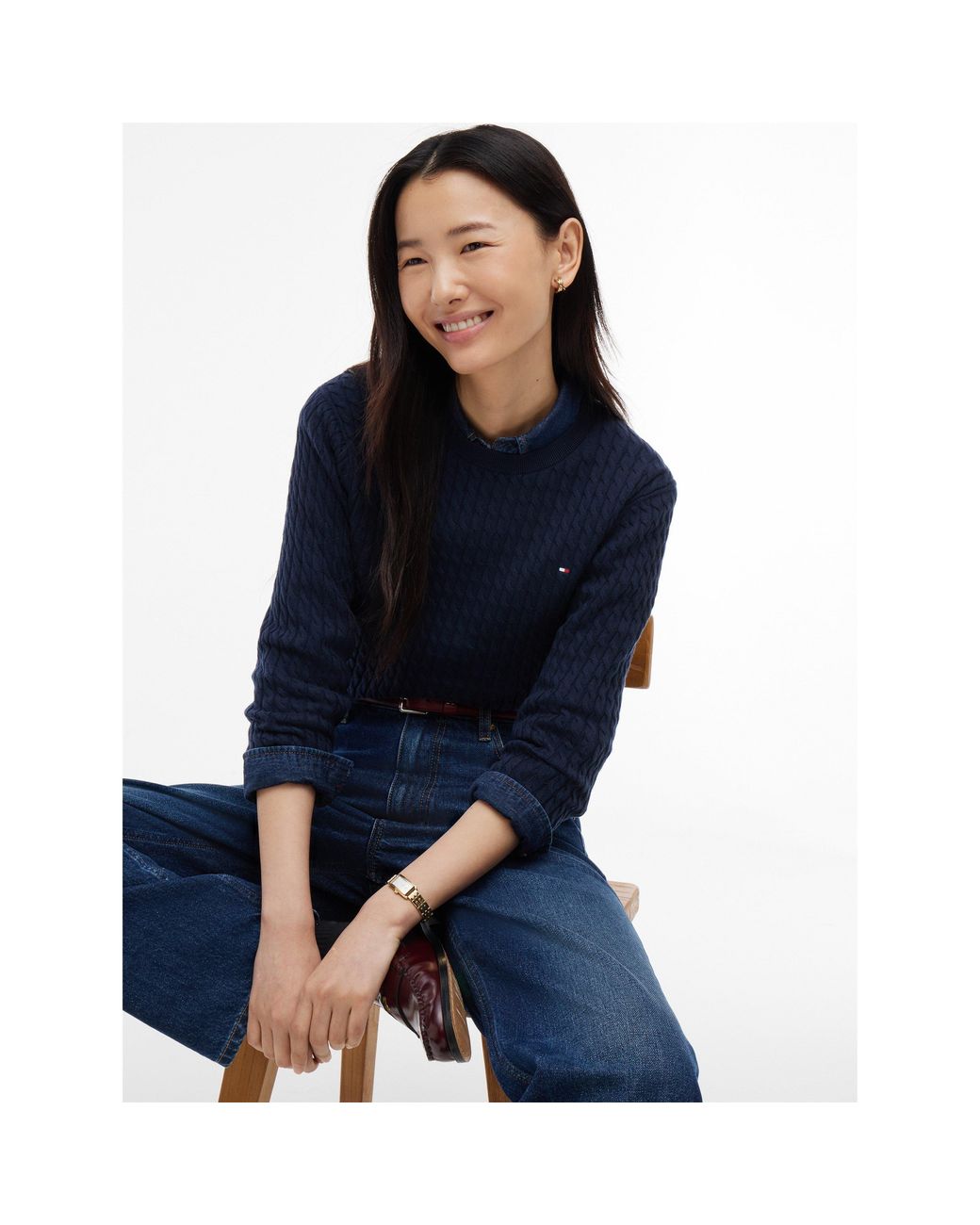 Tommy Hilfiger Blue Cable Fine Knit Cotton Long-Sleeve Jumper
