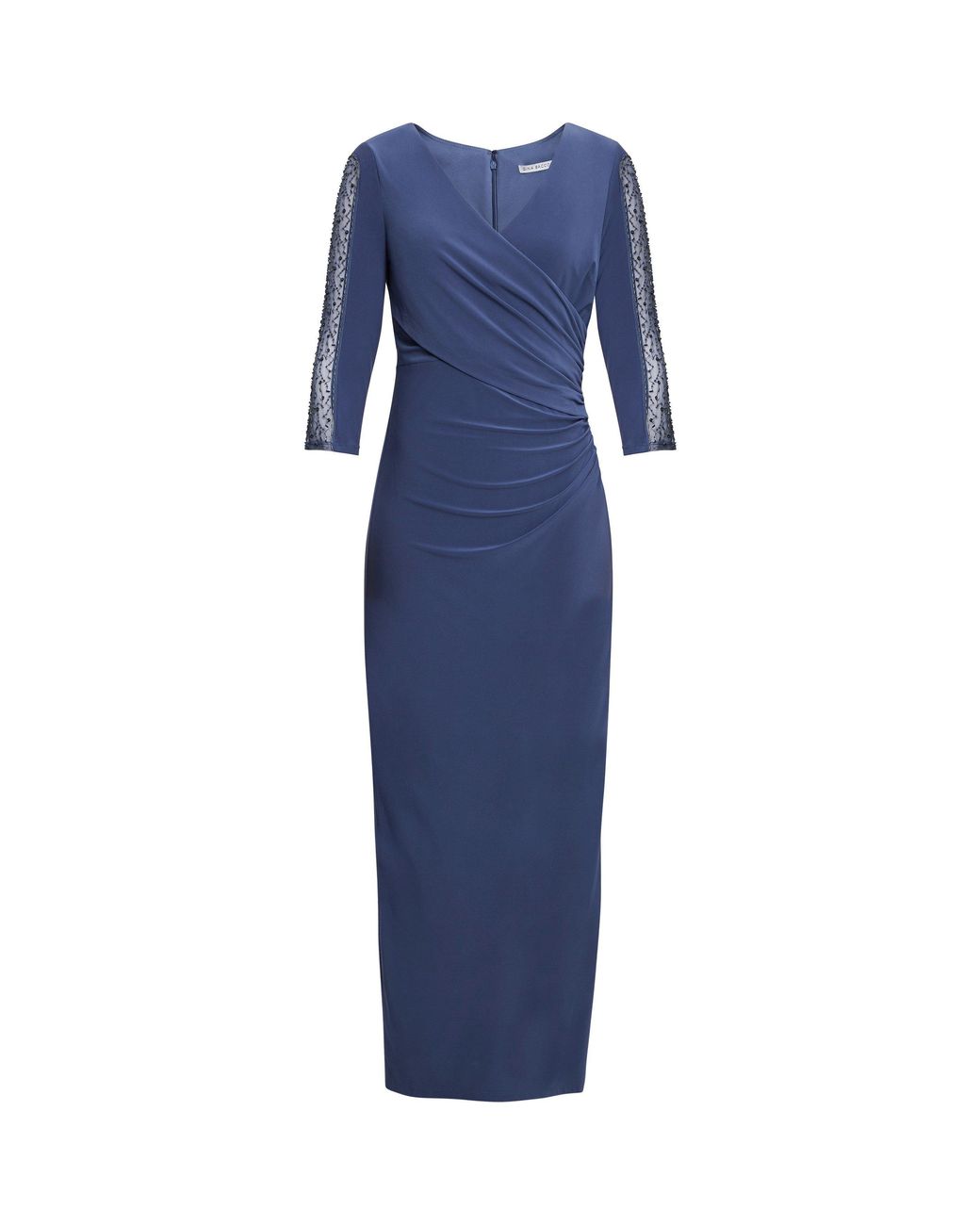 Gina Bacconi Blue Gretchen Long Surplice Neckline Dress With Rusched Waist And Beaded Sleeves