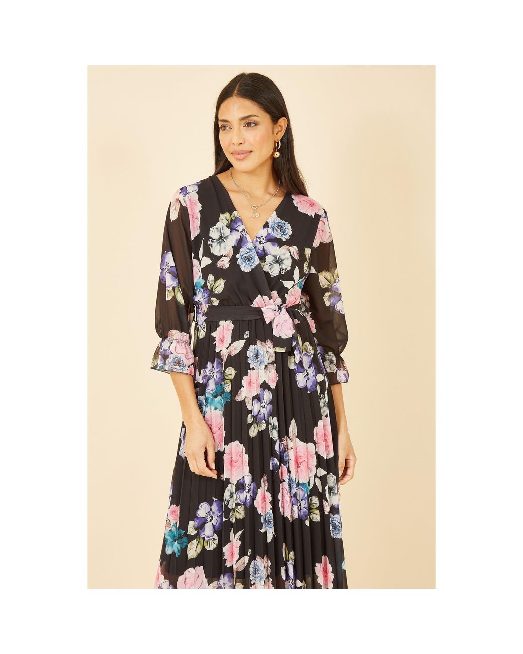 Yumi' Natural Floral Pleated Wrap Midi Dress