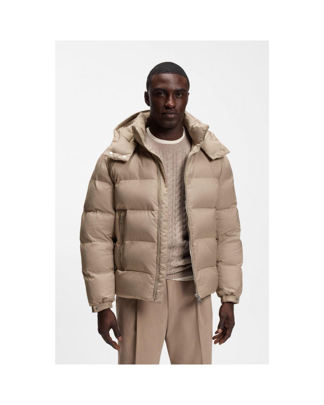 Boss Brown Water-Repellent Padded Jacket With Micro-Monogram Jacquard for men