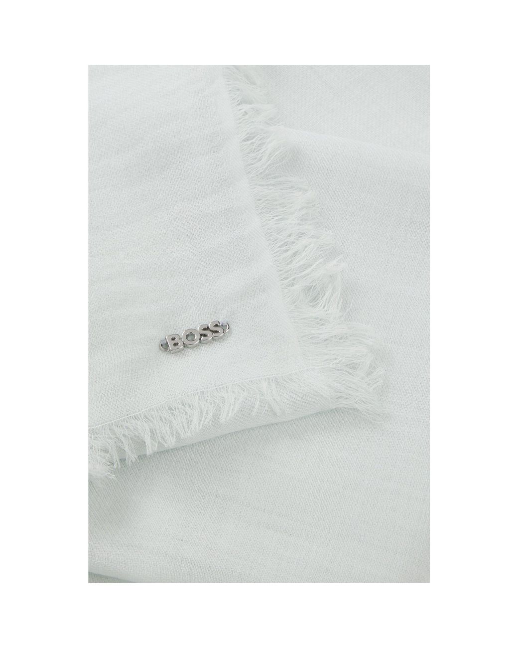 Boss White Lightweight Wool Scarf With Fringed Trims
