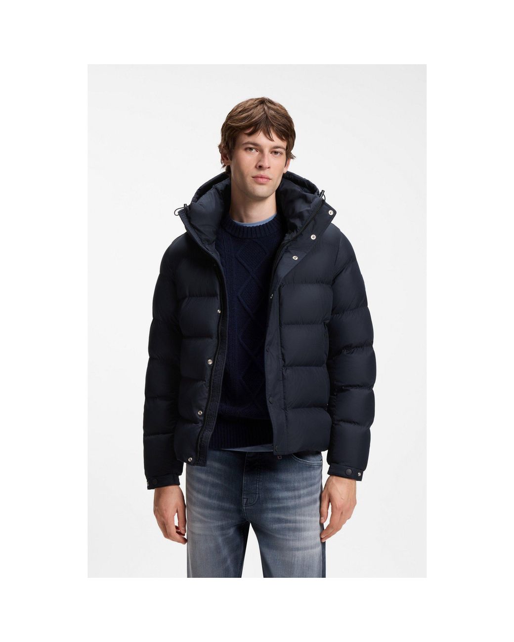 Boss Blue Water-Repellent Hooded Puffer Jacket for men
