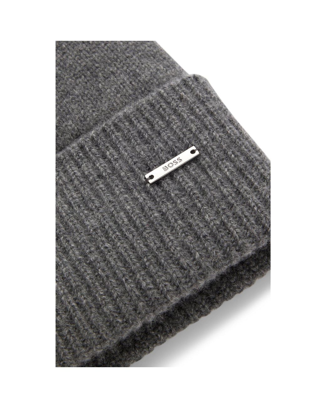 Boss Gray Knitted Cashmere Beanie With Metal Logo Plaque for men