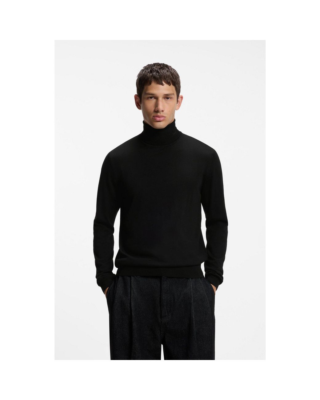 HUGO Black Merino-Wool Rollneck Sweater With Embroidered Logo for men