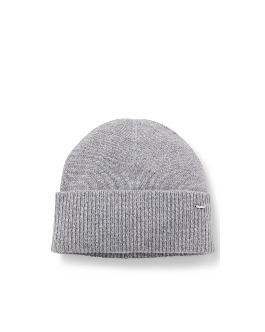 Boss Gray Cashmere Beanie Hat With Metallic Logo Trim