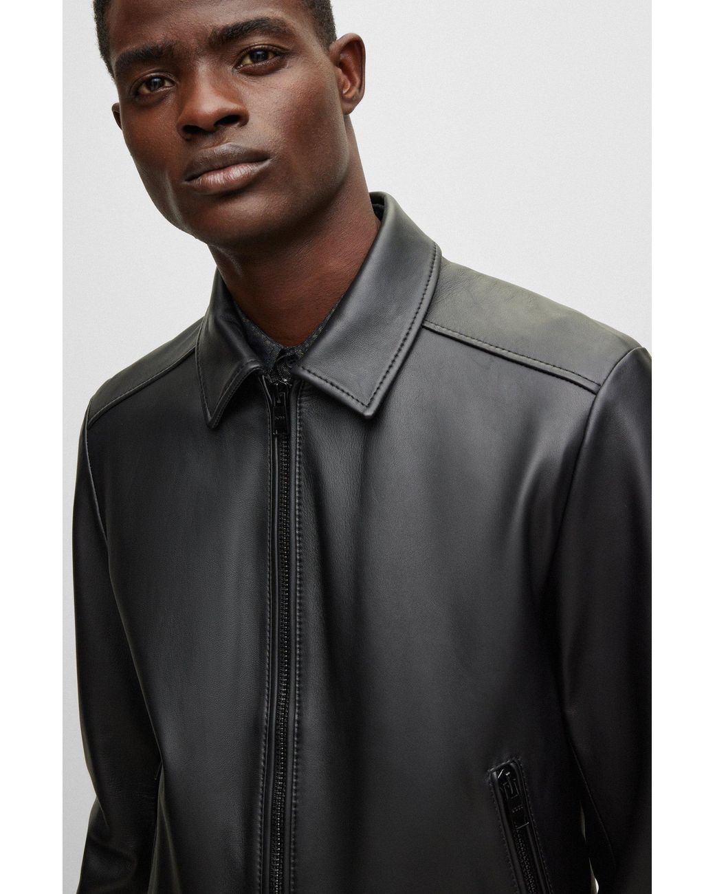 Hugo boss leather bomber jacket mens sales