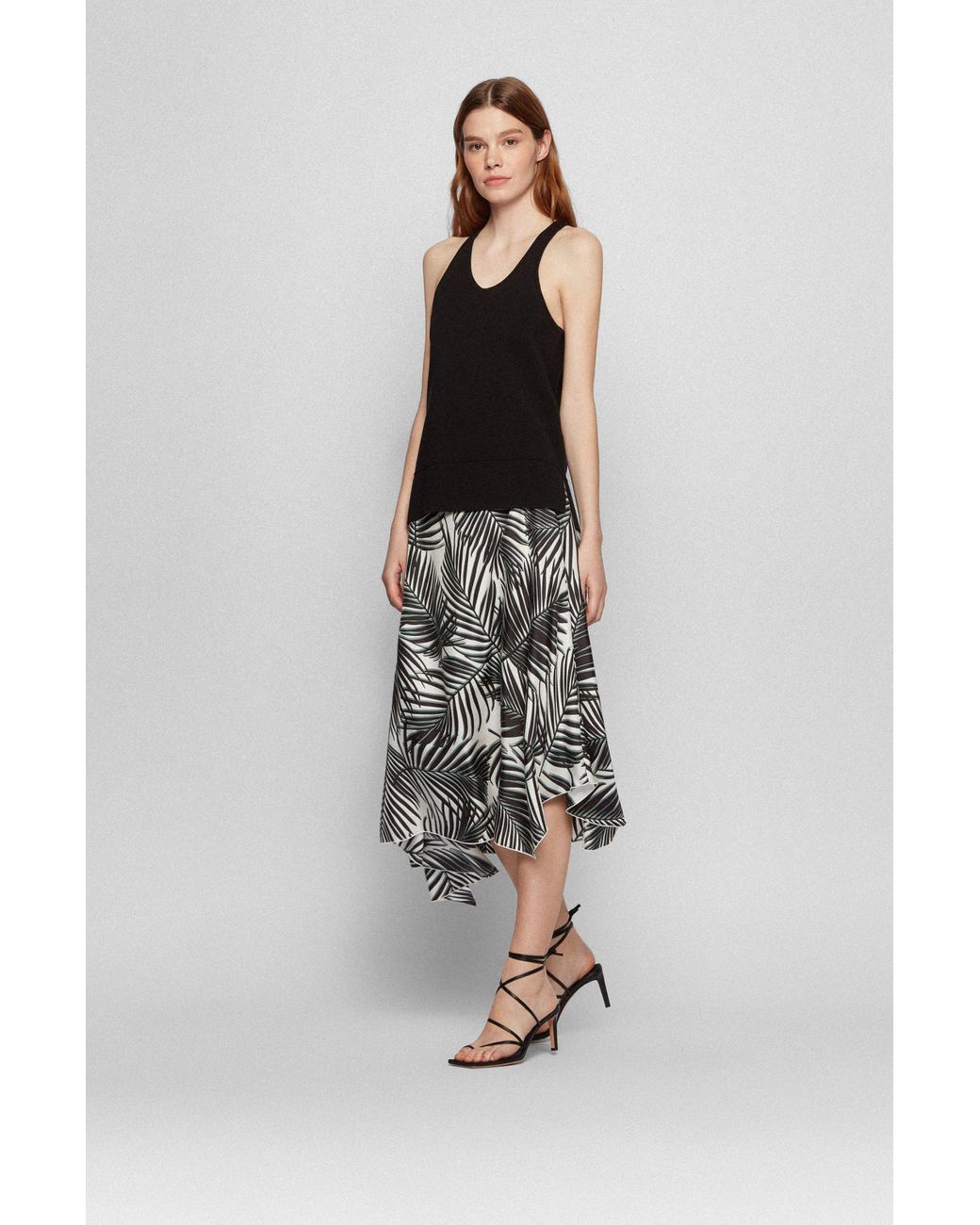 BOSS by HUGO BOSS Leaf-print Midi Skirt In Pure Silk in Black | Lyst