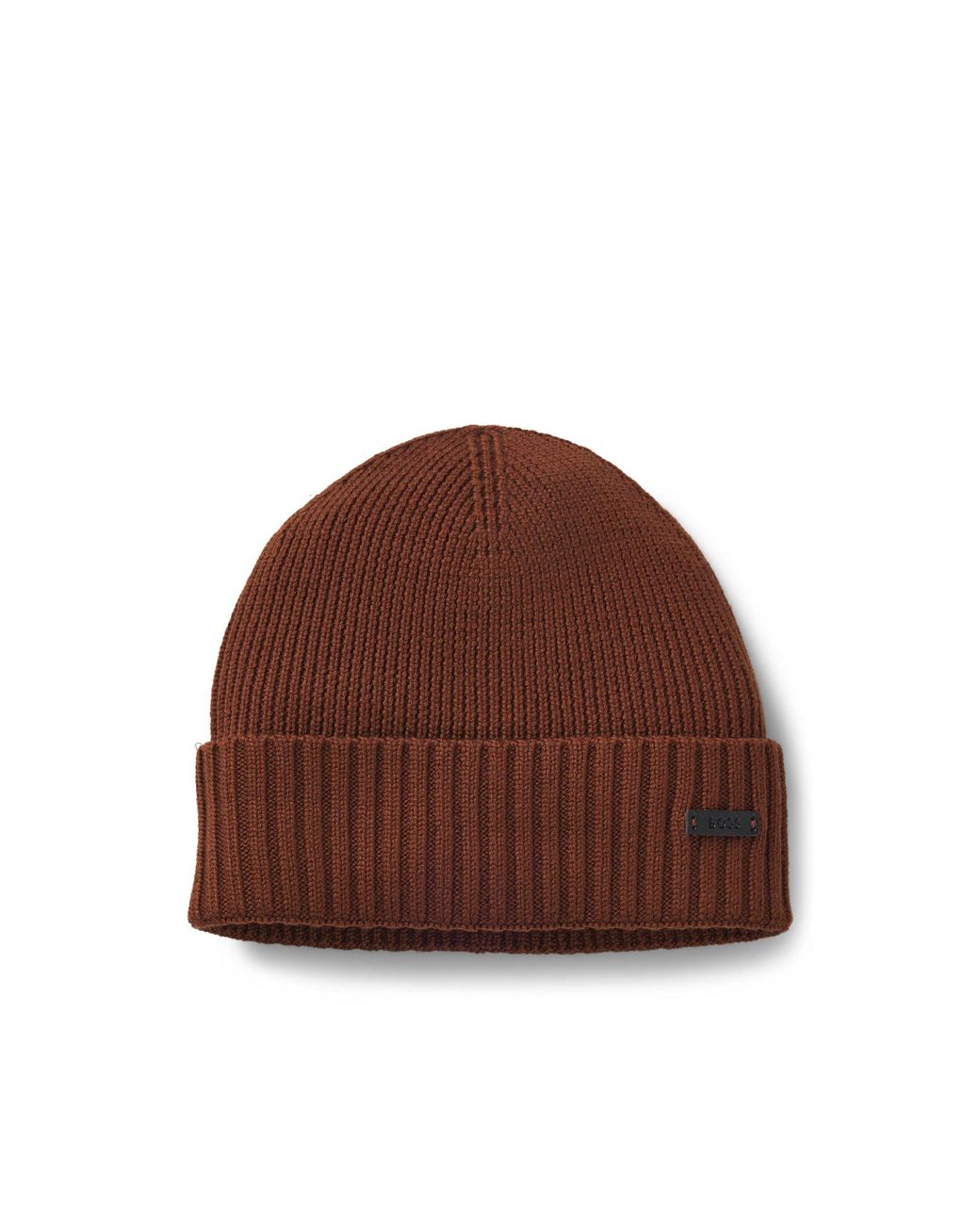 Boss Brown Rib-Knit Virgin-Wool Beanie With Logo Plaque for men