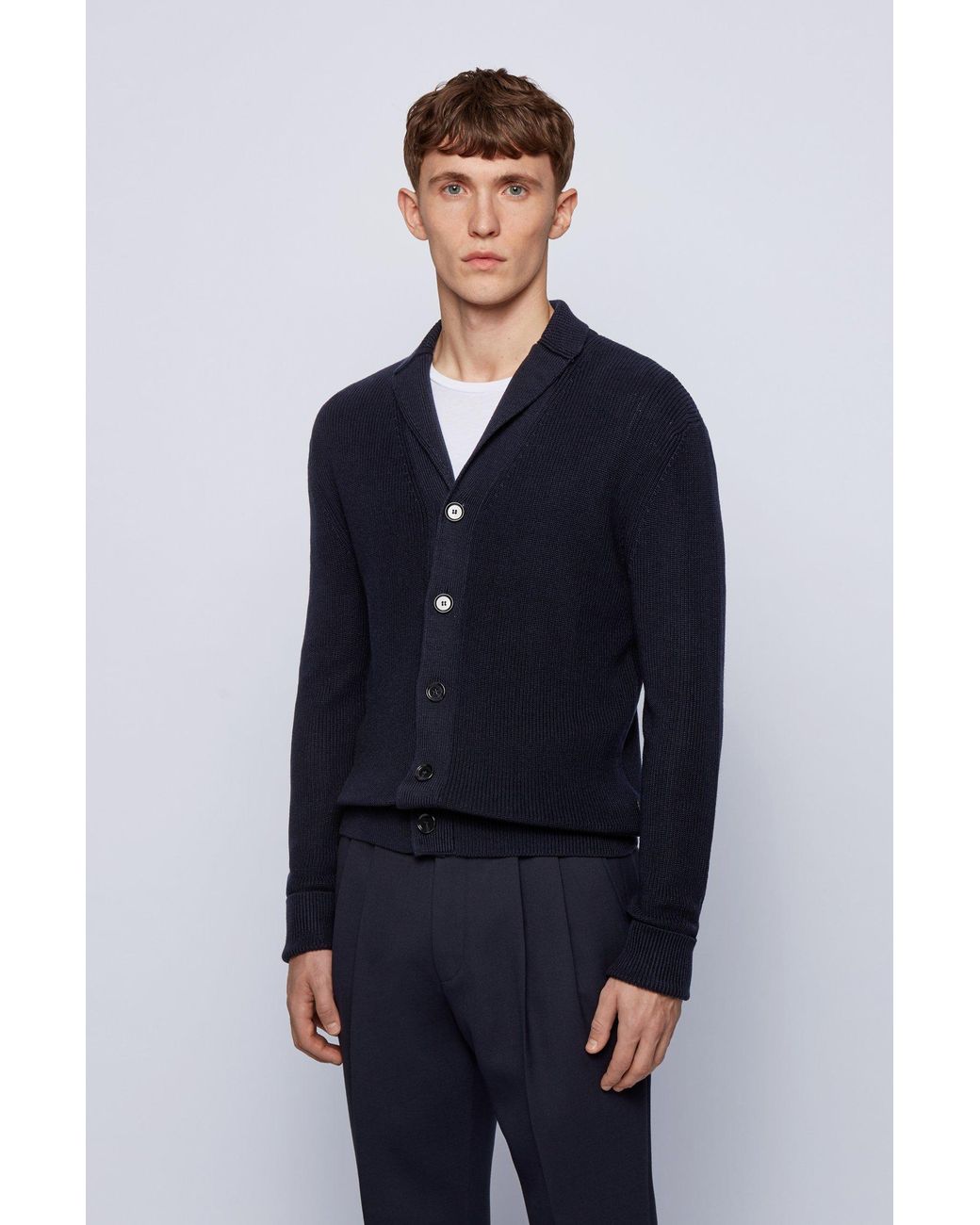 BOSS by HUGO BOSS Ribbed Cardigan With Shawl Collar in Blue for Men | Lyst  UK