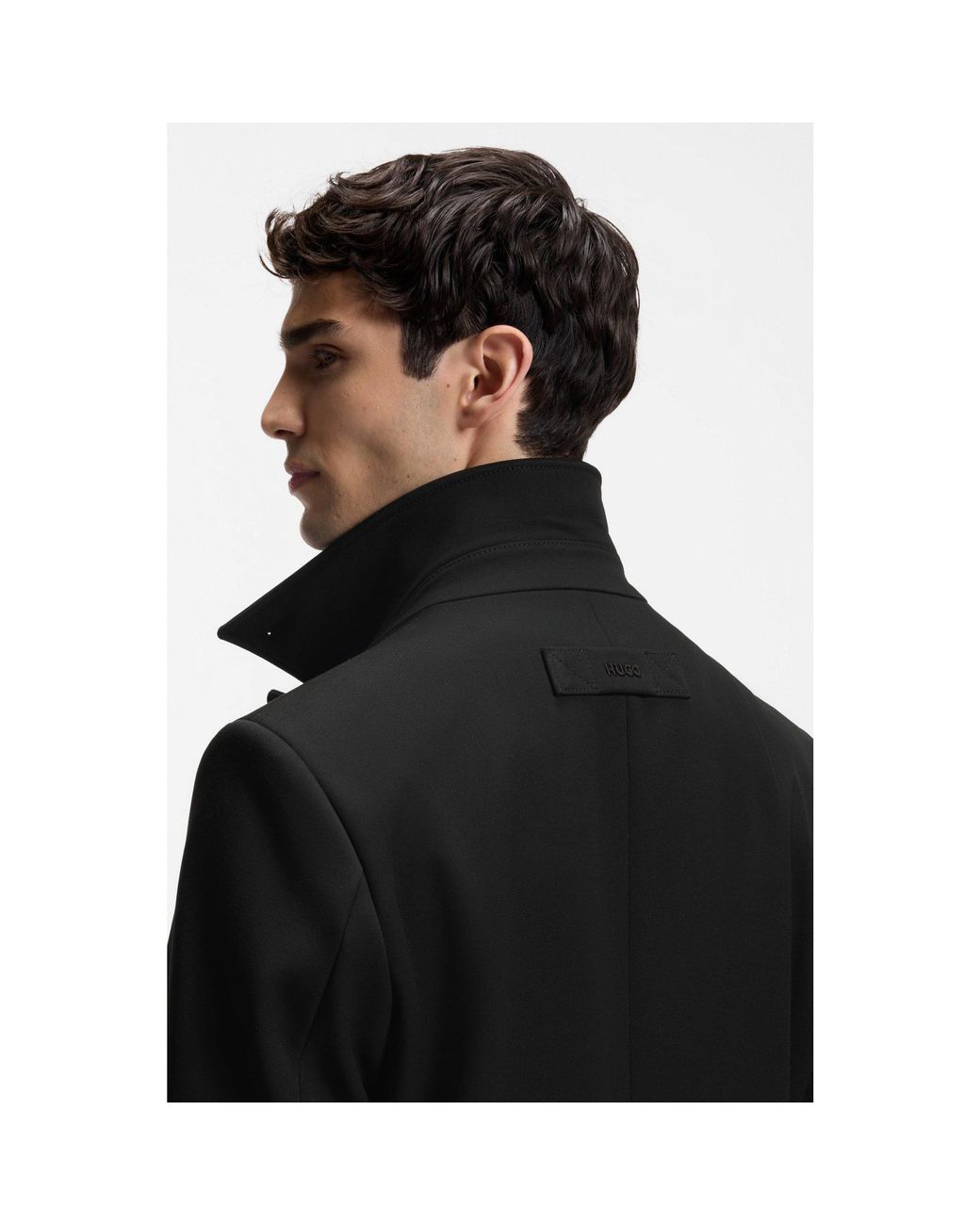HUGO Black Regular-Fit Coat With Stand Collar for men