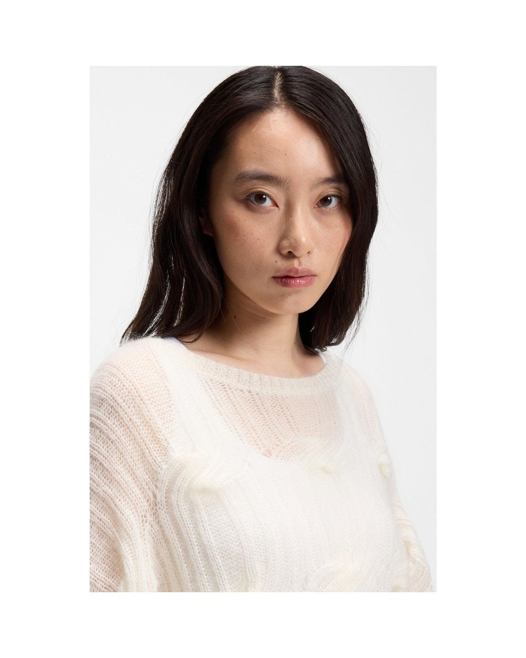Boss White Oversized-Fit Sweater With Cable-Knit Structure
