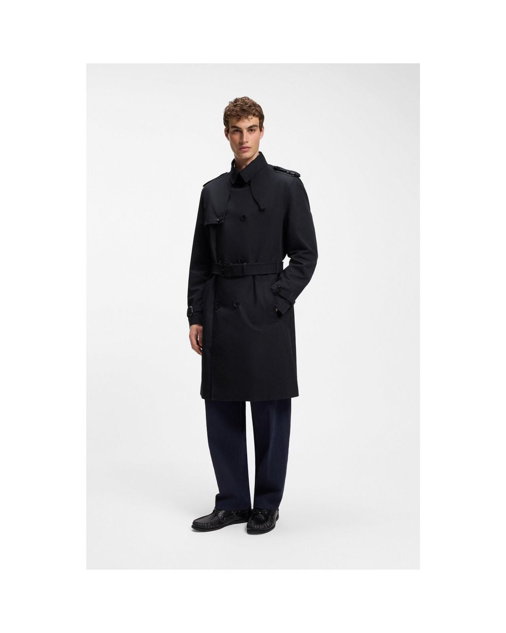 HUGO Black Cotton-Blend Gabardine Trench Coat for men
