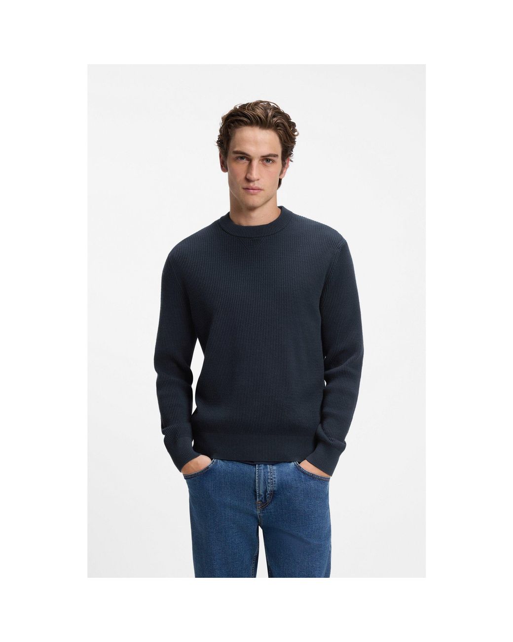 Boss Blue Cotton-Blend Sweater With Ribbed Knit for men