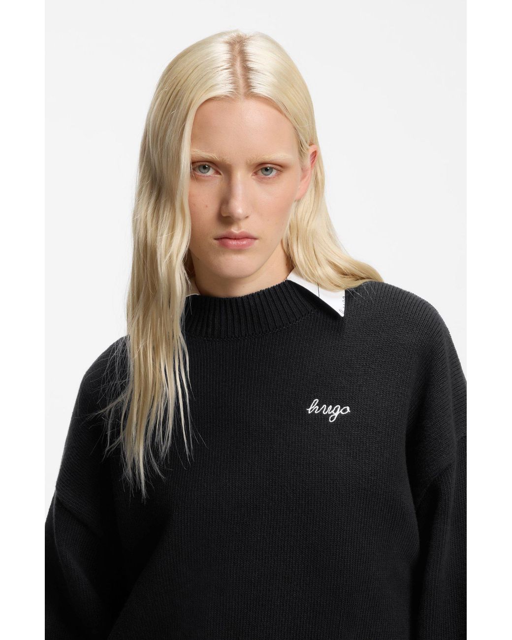 HUGO Black Oversized-Fit Strickpullover Mit Script-Logo
