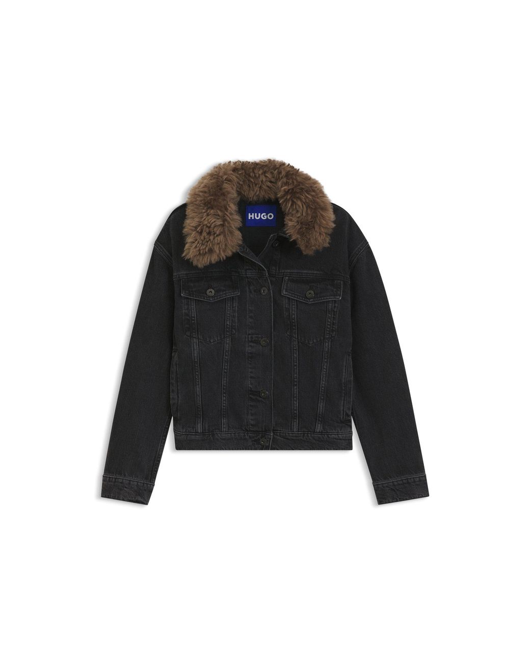 HUGO Black Denim Trucker Jacket With Detachable Shearling Collar