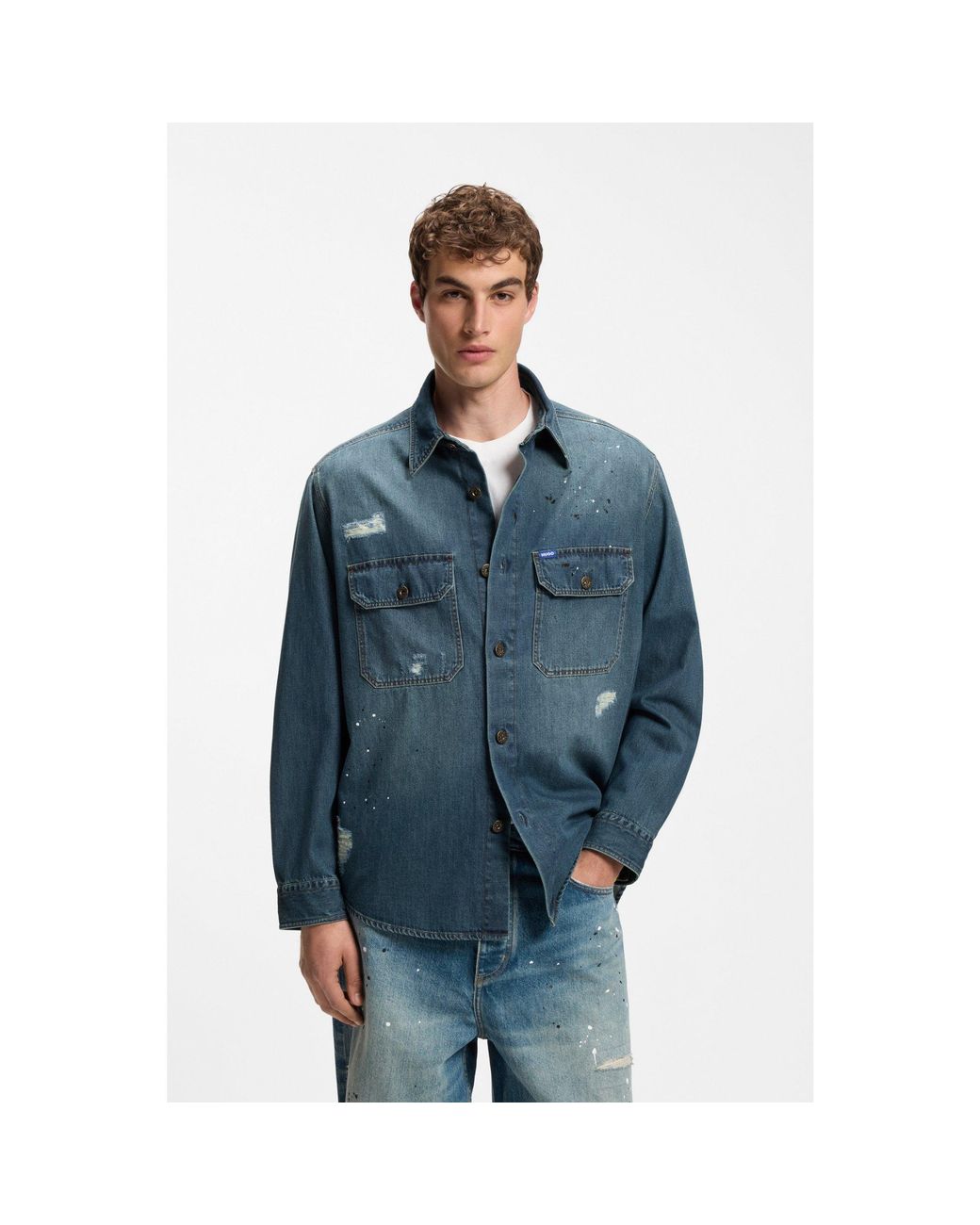 HUGO Blue Oversize-Fit Denim Overshirt With Paint Splashes for men