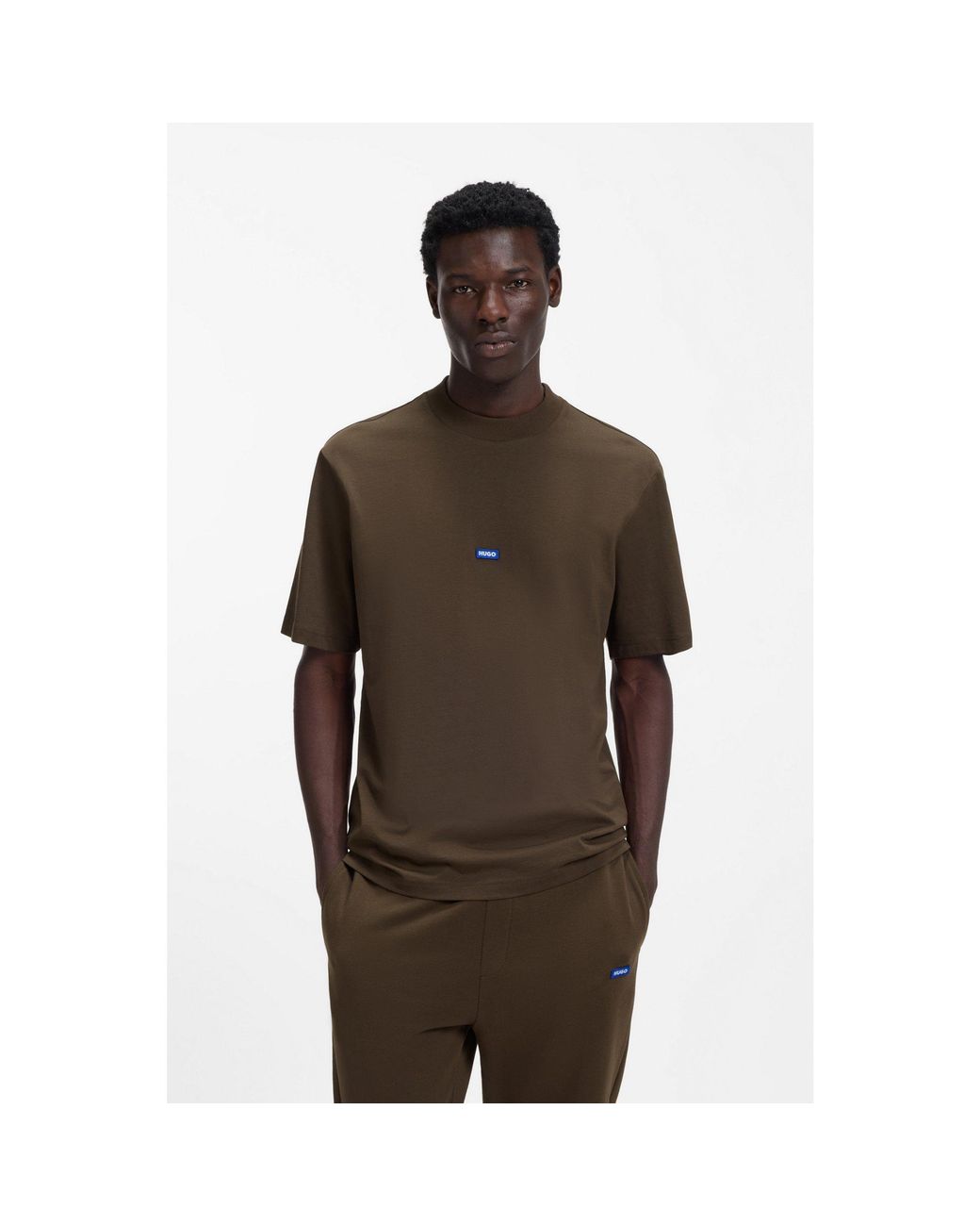HUGO Brown Ribbed-Neck Cotton T-Shirt With Logo Badge for men