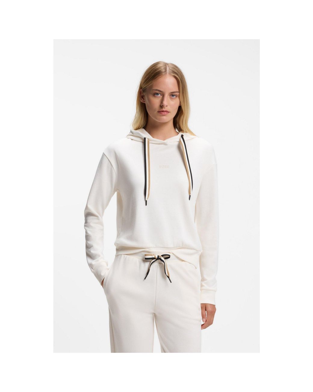 Boss White Logo-Detail Hoodie