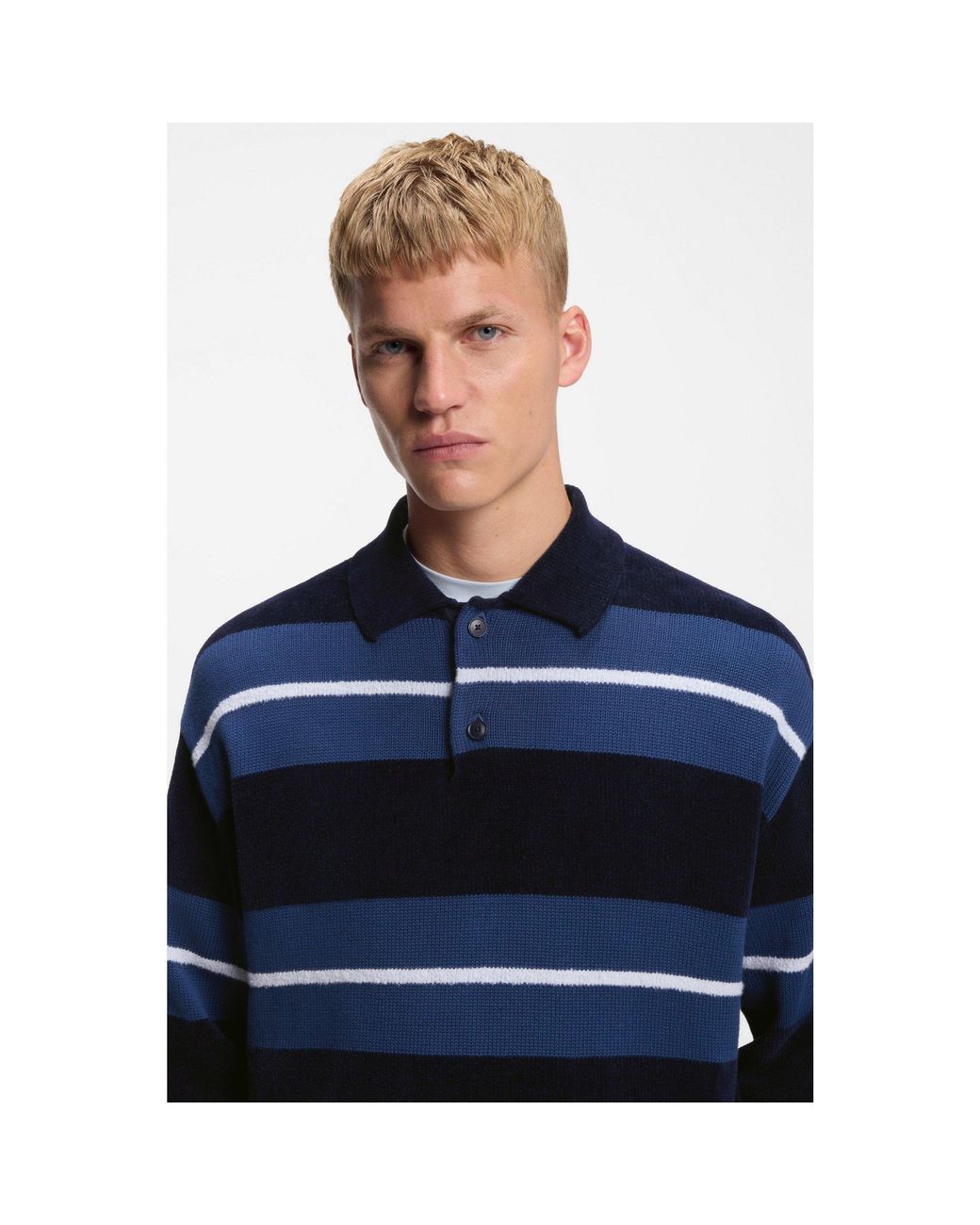 Boss Blue Cotton-Blend Knit Polo With Block Stripes for men