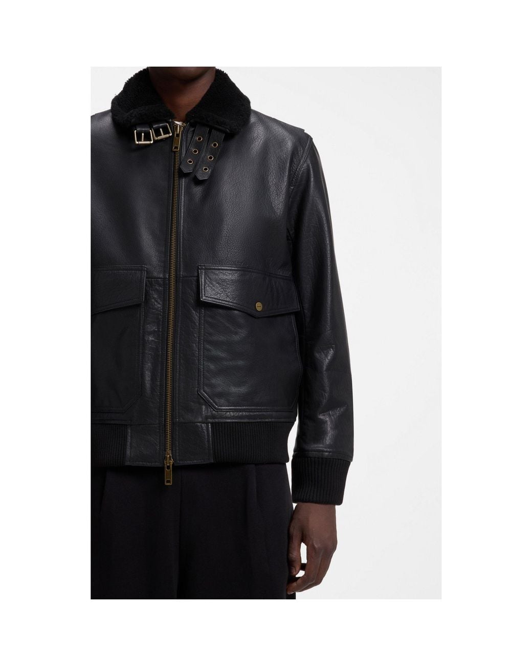 HUGO Black Padded Leather Jacket With Shearling Details for men