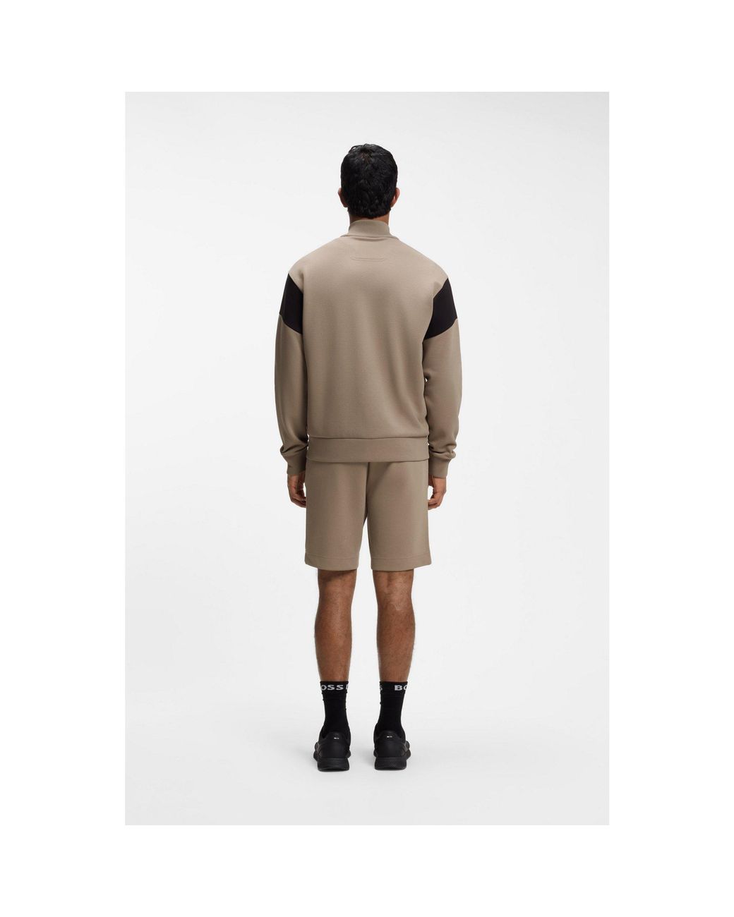 Boss Brown Zip-Up Cotton-Blend Sweatshirt With Contrast Inserts for men