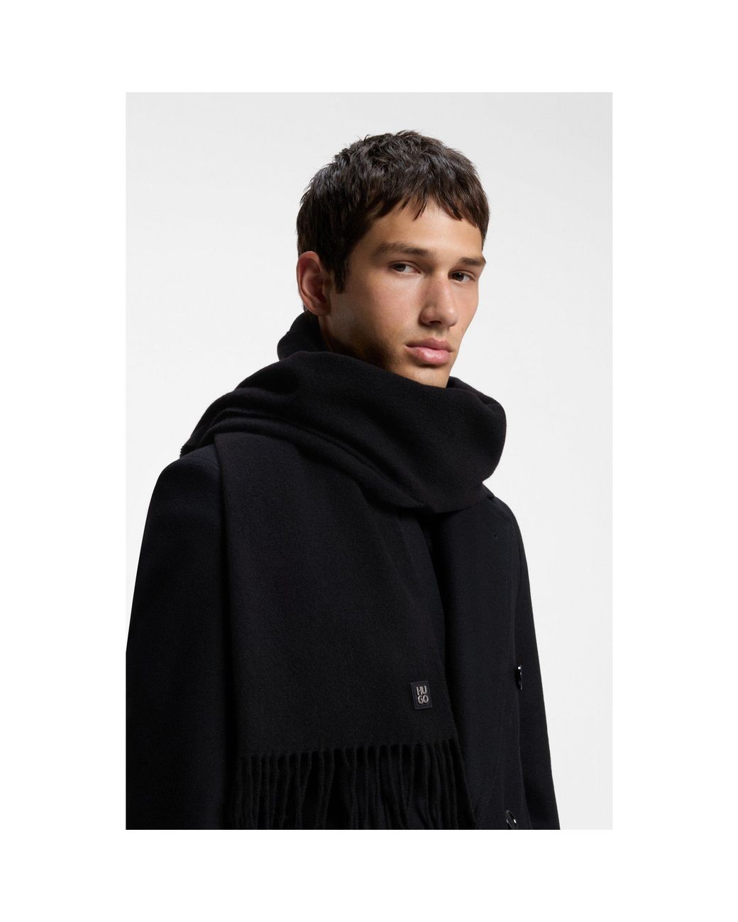 HUGO Black Fringed Scarf for men