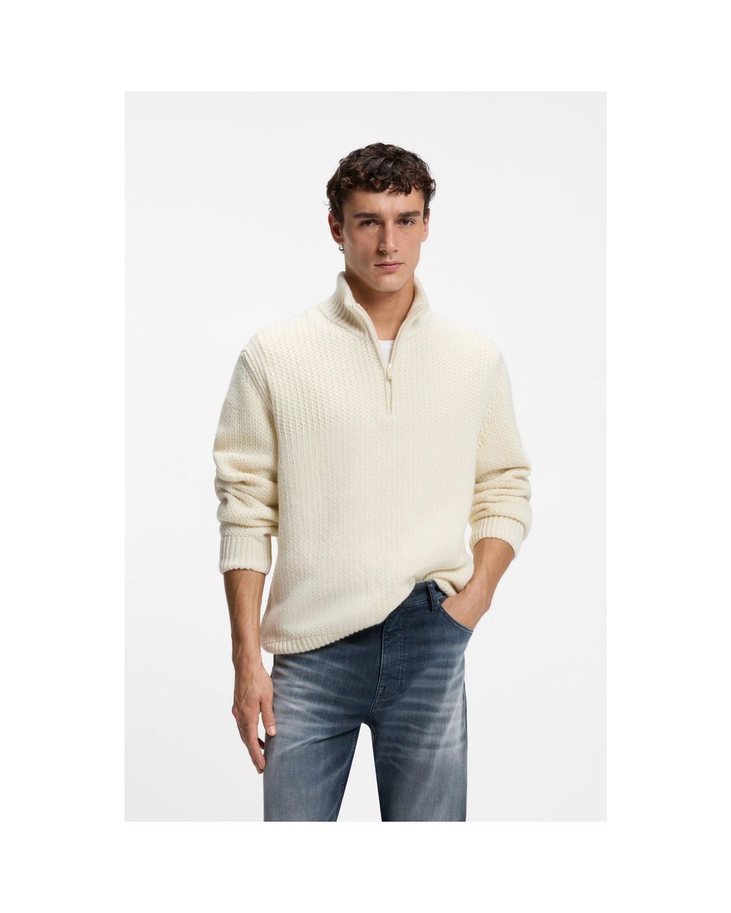Boss Natural Zip-Neck Sweater With Knitted Structure for men
