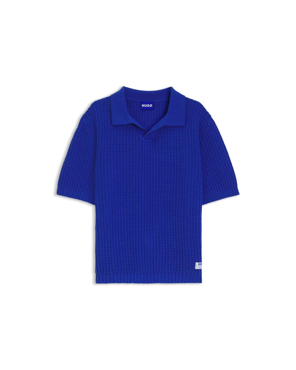 HUGO Blue Waffle-Structure Knit Polo With Johnny Collar for men