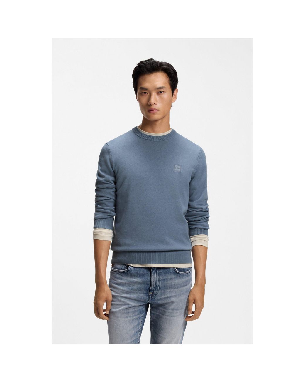 Boss Blue Cotton-Blend Sweater With Logo Patch for men