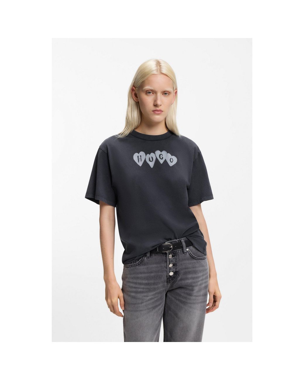 HUGO Black Cotton-Jersey T-Shirt With Heart Logo
