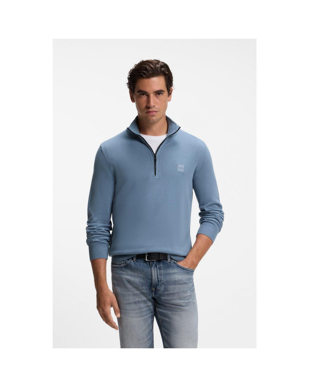 Boss Blue Cotton-Cashmere Sweater With Zip Collar for men